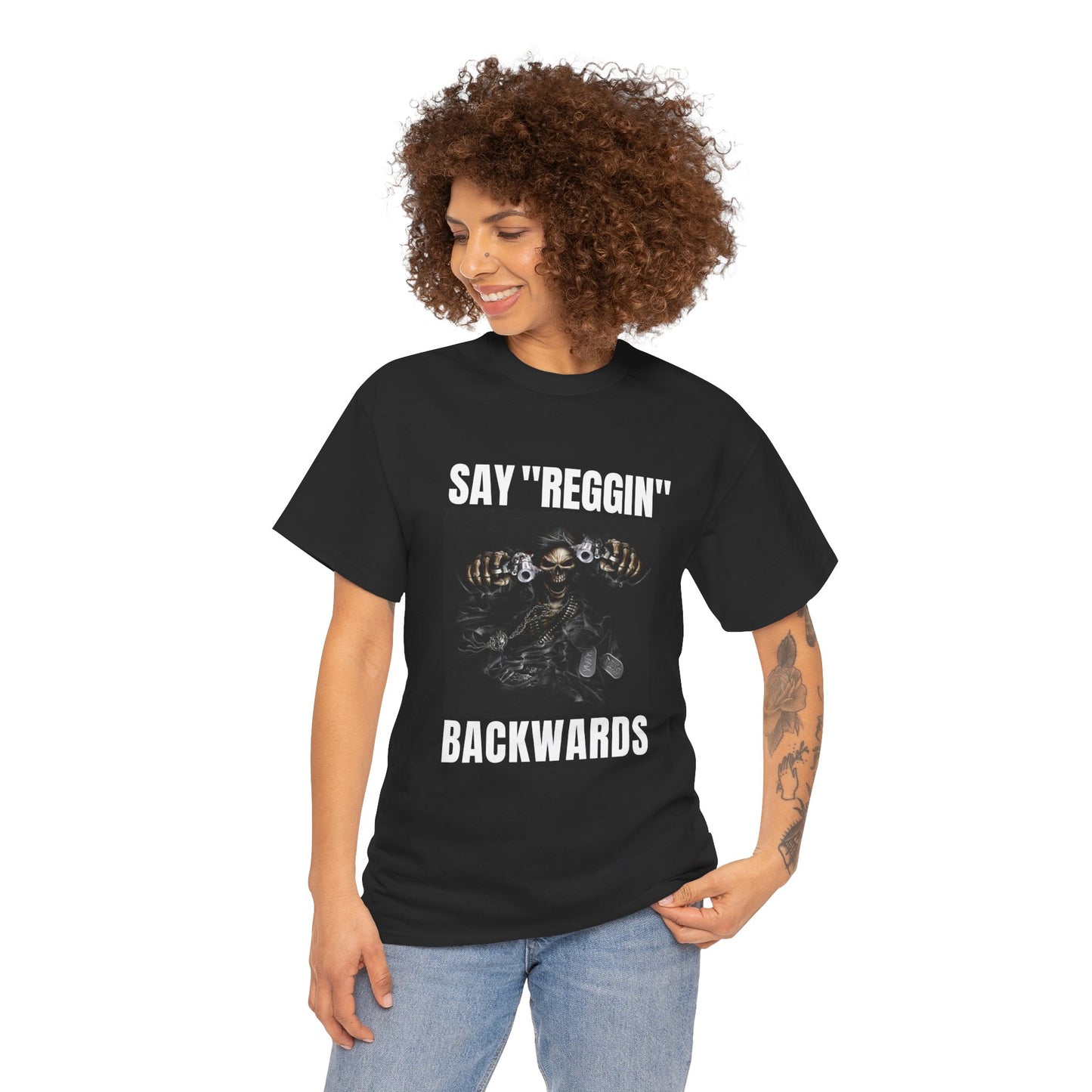 Unisex Heavy Cotton Tee say REGGIN backward